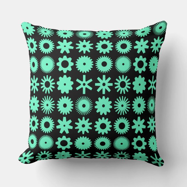 Cogs - Turquoise on Black Throw Pillow (Front)