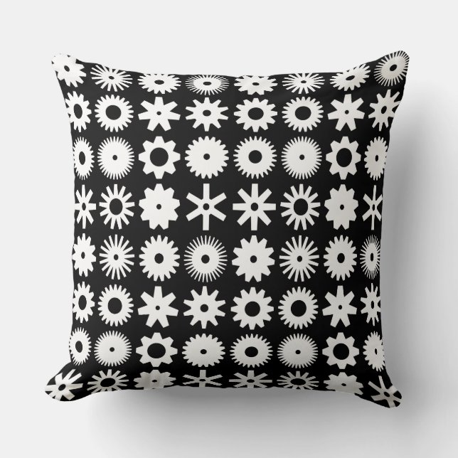 Cogs - White on Black Throw Pillow (Front)