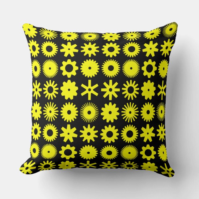 Cogs - Yellow on Black Throw Pillow (Front)