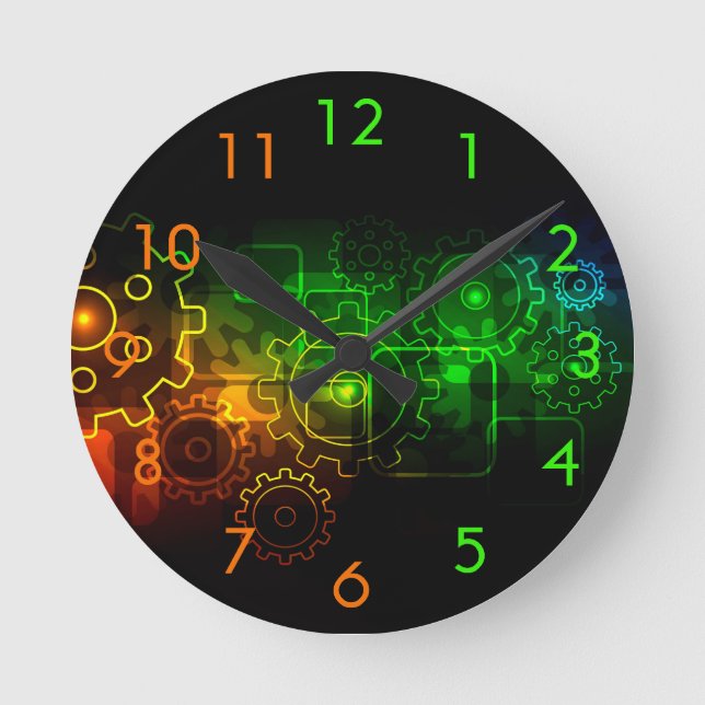 Cogwheels mechanics black neo green orange round clock (Front)