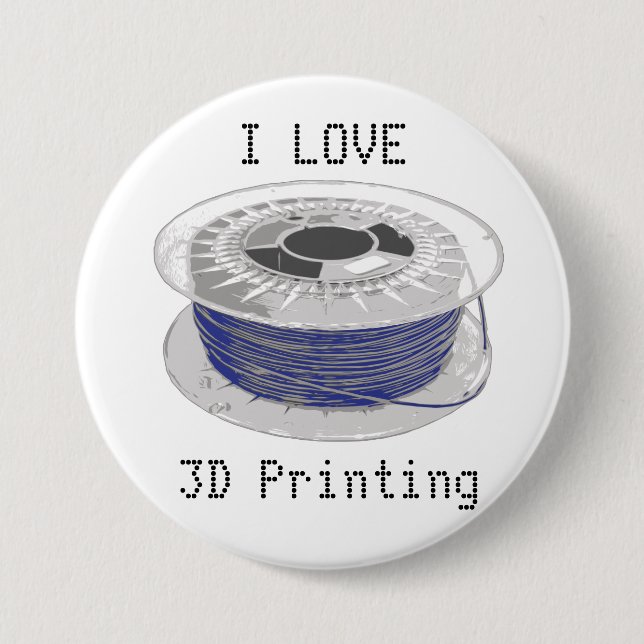 Coil of blue plastic for 3D printing with text 3 Inch Round Button (Front)