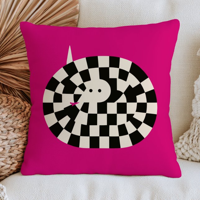 Coiled Snake in Chequered Pattern Funky Maximalist Throw Pillow (Creator Uploaded)