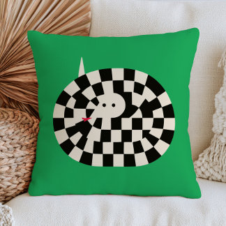 Coiled Snake in Chequered Pattern Green Animal Throw Pillow