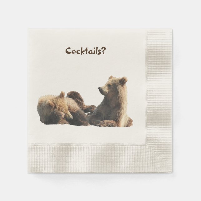 Coined Cocktail napkin w/ grizzly bear cubs (Front)