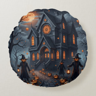 Cojin con diseño de Halloween castillo embrujado Round Pillow