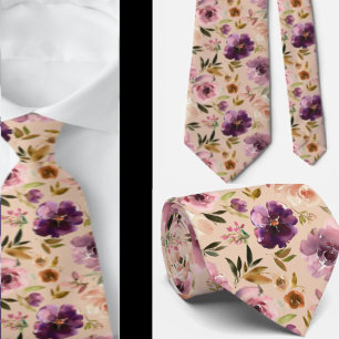 Col cravate fleuri aquarelle rose crème violet Cou
