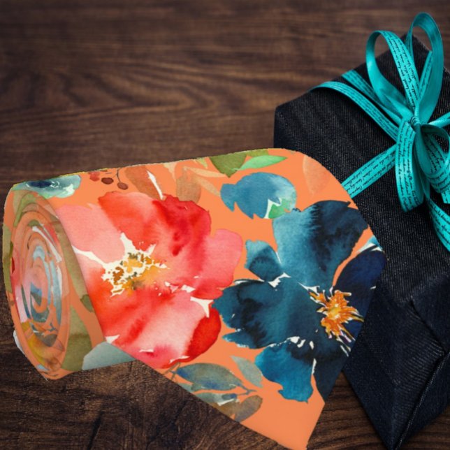Col cravate fleuri Roses Indigo Bleu Marine Corail (Créateur téléchargé)