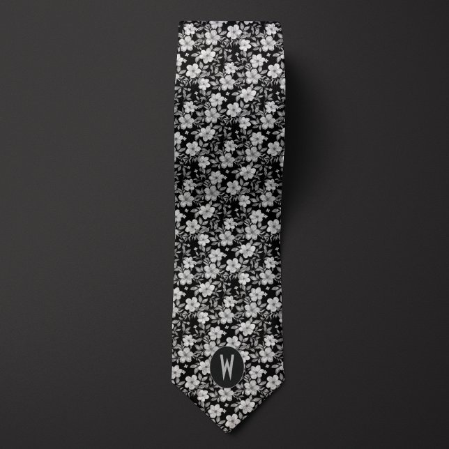 Col cravate floral blanc sur fond noir (Créateur téléchargé)