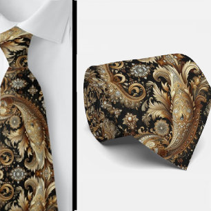 Col cravate luxe noir blanc or paisley diamant