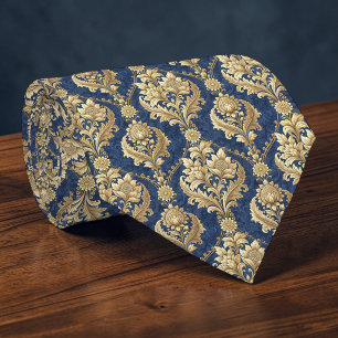 Col cravate personnalisé en damas bleu et or