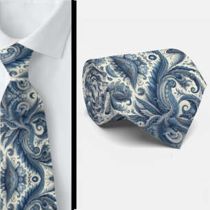 Col cravate premium bleu et blanc à motifs paisley