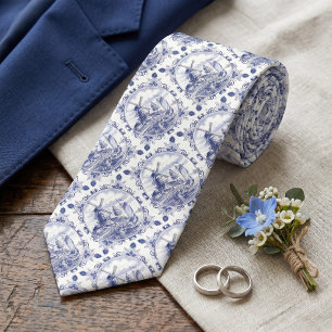 Col cravate vintage avec moulin à vent bleu Delft 