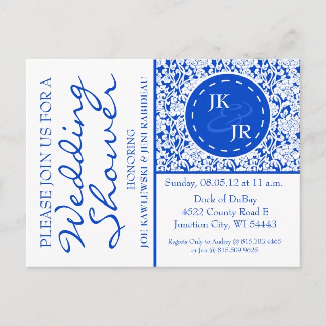 Colbalt Blue Flourish and Umbrella Bridal Shower Invitation Postcard (Front)