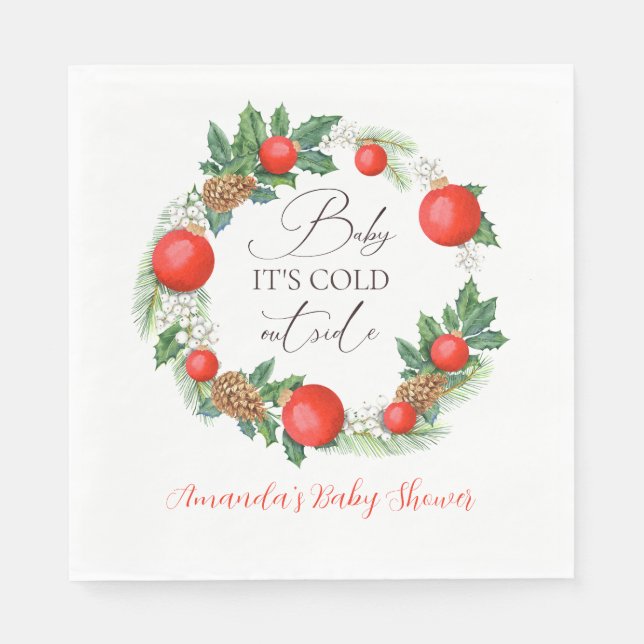 Cold Outside Christmas Wreath Winter Baby Shower Napkin (Front)
