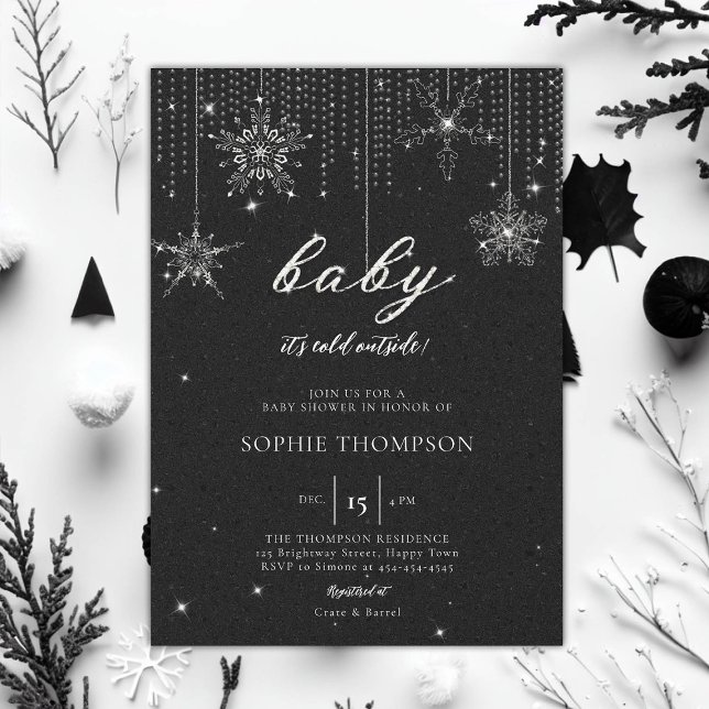 Cold Outside Glitter Snowflake Neutral Baby Shower Invitation (baby its cold outside baby shower invitation rhinestone glitter sparkle snowflakes black neutral)