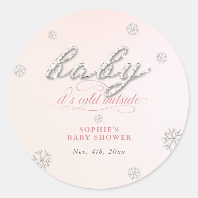 Cold Outside Rhinestone Glitter Winter Baby Shower Classic Round Sticker (Front)