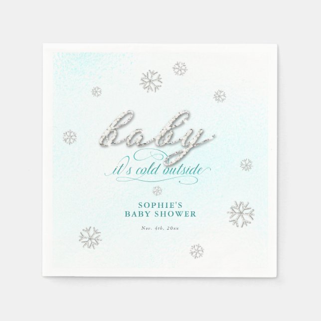 Cold Outside Rhinestone Glitter Winter Baby Shower Napkin (Front)
