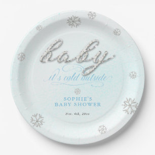 Cold Outside Rhinestone Glitter Winter Baby Shower Paper Plate