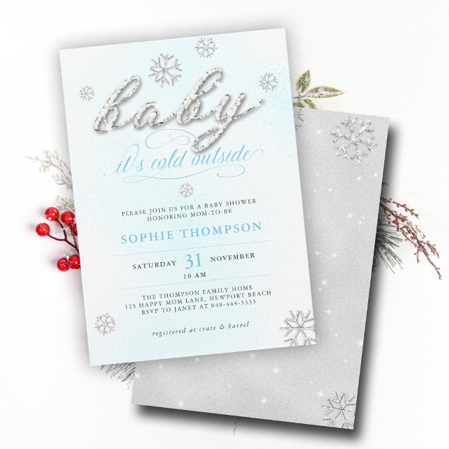 Cold Outside Rhinestones Glitter Boy Baby Shower Invitation (cold outside boy baby shower invitation white blue christmas winter rhinestone snowflake elegant)