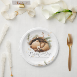 Cold Outside Woodland Bear Winter Baby Shower Paper Plate