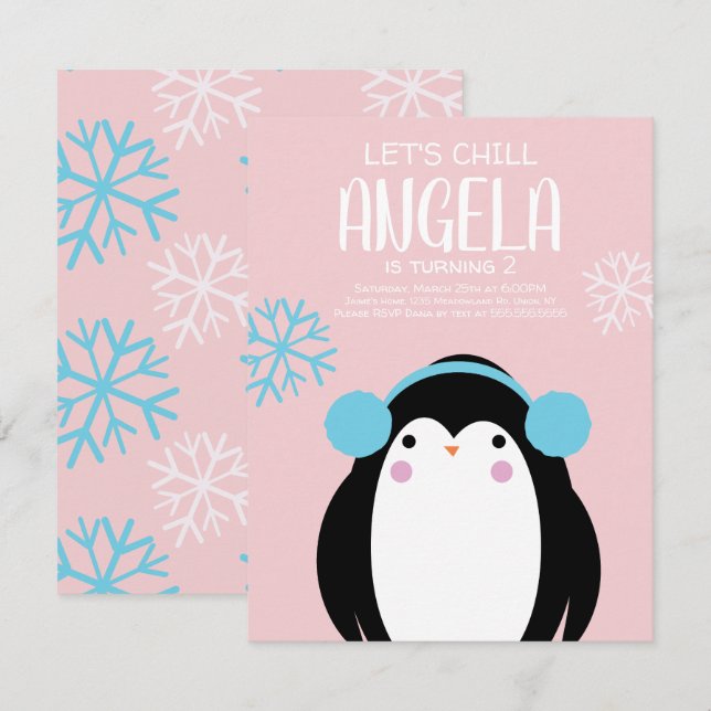 Cold Penguin Snowflakes Winter Birthday Invitation (Front/Back)