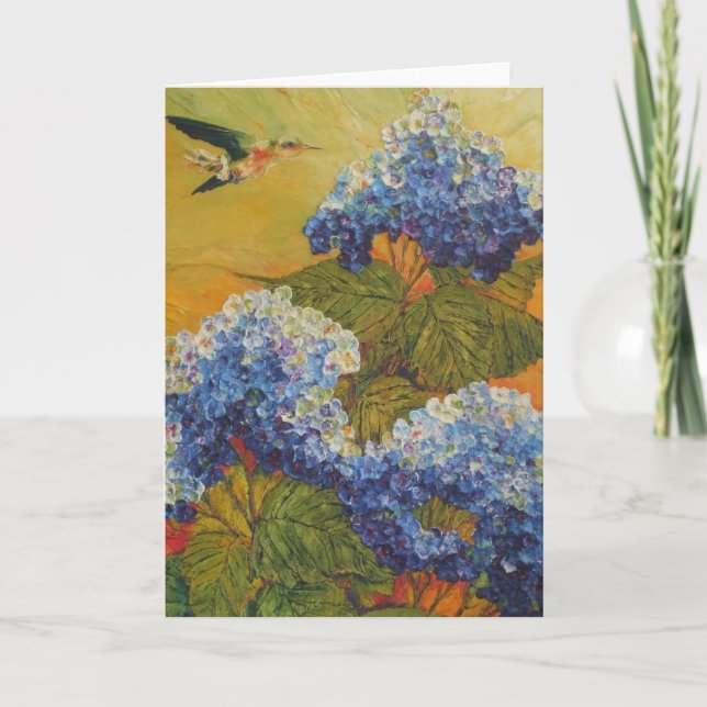 Colibri et carte de voeux bleue d'hortensia (Devant)