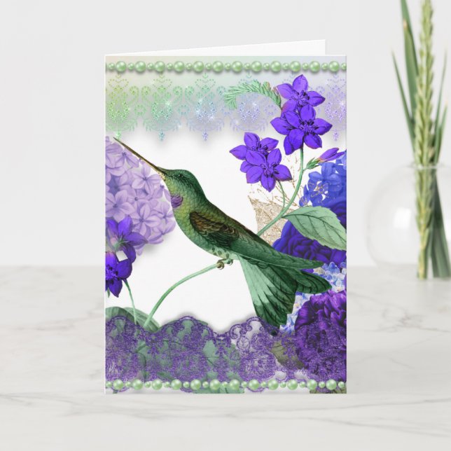 Colibri vert avec fleurs, dentelle, carte perles (Devant)