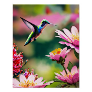 Colibri volant vers des fleurs Poster brillant