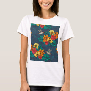Colibris et bouquet tropical sur T-shirt vert