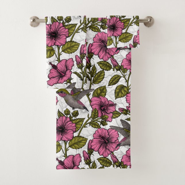 Colibris et fleurs d'hibiscus roses (En situation)