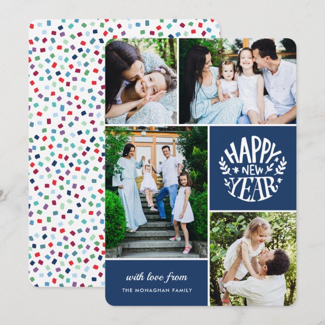 Collage 4 Photo New Year Card | Blue (Front/Back)