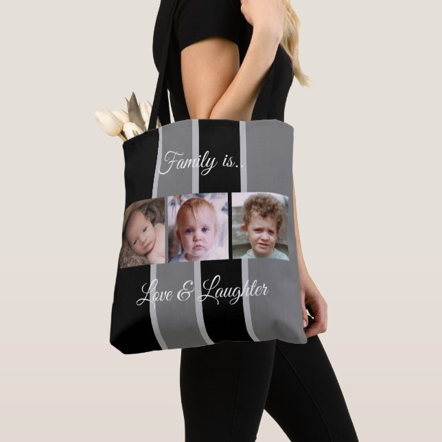 Collage add your own custom photos black and grey tote bag (Close Up)