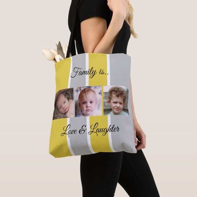 Collage add your own custom photos yellow and grey tote bag (Close Up)