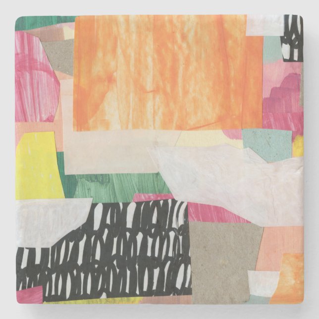 Collage art, modern colourful abstract. stone coaster (Front)