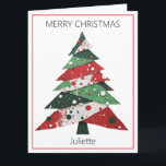 Collage Christmas Tree Card<br><div class="desc">Features a collage Christmas tree in a colour palette of red and green. Personalize with a name on the front, your own message on the inside, and your name in the “from” section.</div>