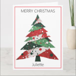 Collage Christmas Tree Card<br><div class="desc">Features a collage Christmas tree in a colour palette of red and green. Personalize with a name on the front,  your own message on the inside,  and your name in the “from” section.</div>