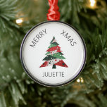 Collage Christmas Tree Metal Ornament<br><div class="desc">Features a collage Christmas tree in a colour palette of red and green. Personalize with a name.</div>