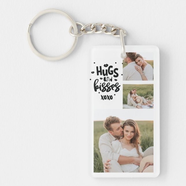 Collage Couple Photo & Hugs And Kisses Phrase Love Keychain (Front)