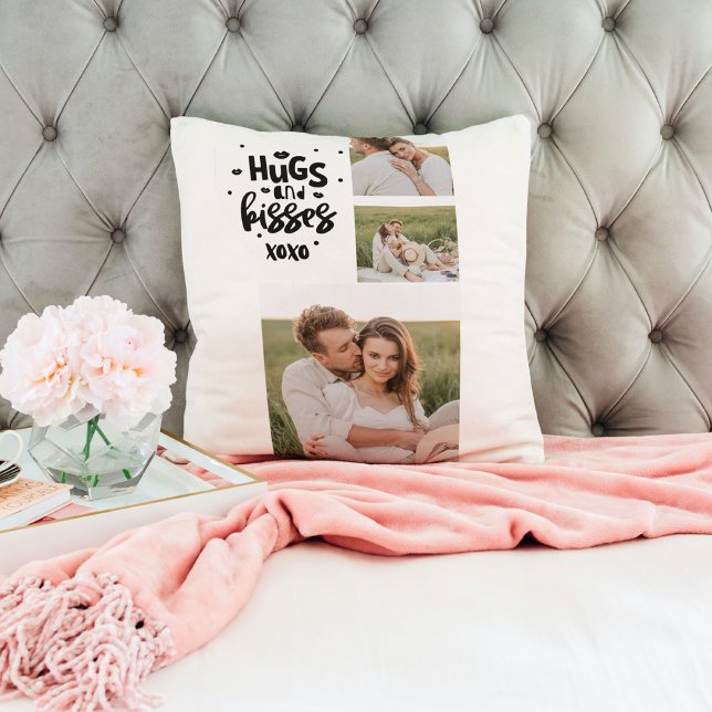 Collage Couple Photo & Hugs And Kisses Phrase Love Throw Pillow (Creator Uploaded)