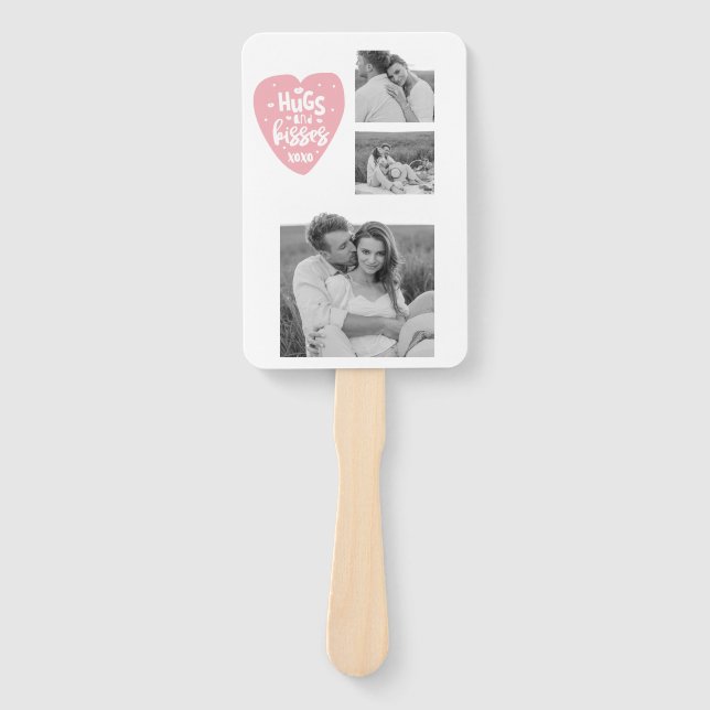 Collage Couple Photo & Hugs And Kisses PInk Heart Hand Fan (Front)