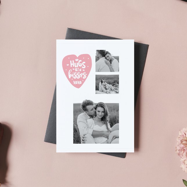 Collage Couple Photo & Hugs And Kisses PInk Heart Holiday Card (Creator Uploaded)