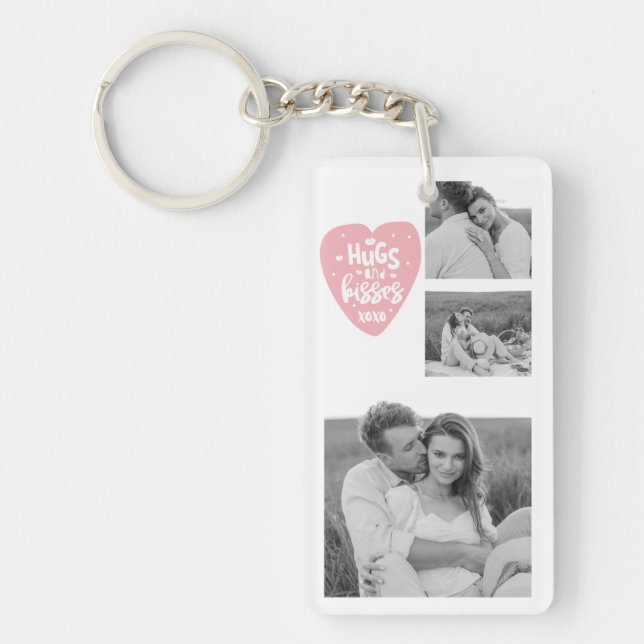 Collage Couple Photo & Hugs And Kisses PInk Heart Keychain (Front)