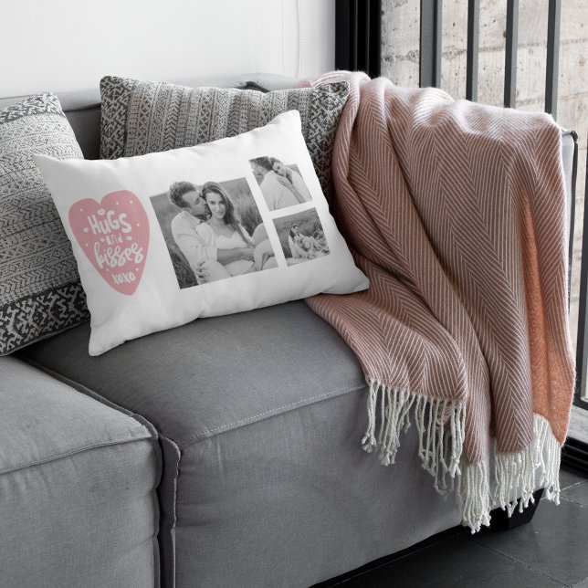 Collage Couple Photo & Hugs And Kisses PInk Heart Lumbar Pillow