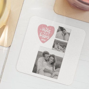 Collage Couple Photo & Hugs And Kisses PInk Heart Square Paper Coaster