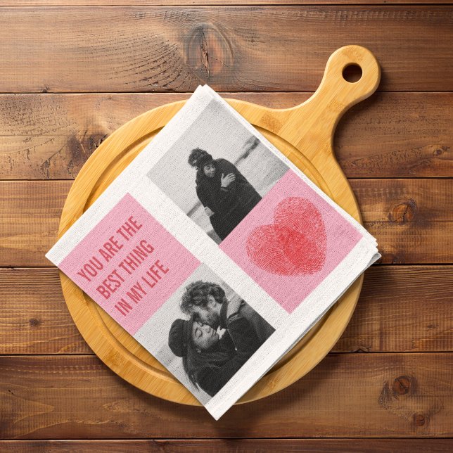 Collage Couple Photo | Valentines Pink & Red Heart Kitchen Towel (Creator Uploaded)
