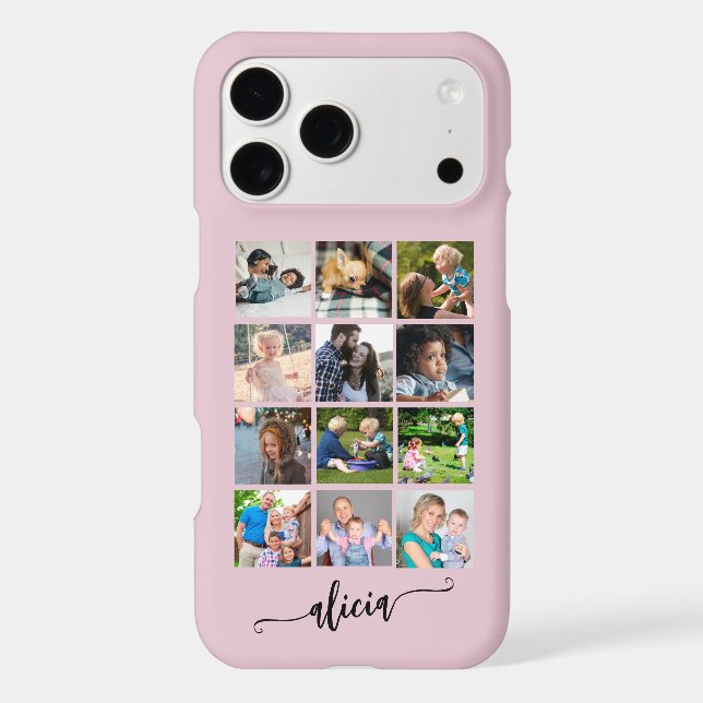 Collage de 12 photos personnalisé moderne nom rose (Verso)