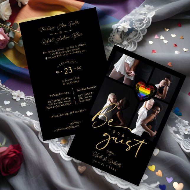Collage de fotos del Rainbow Heart del orgullo pre (Inexpensive Cheap Pride Rainbow Heart 4 Photos Collage Be our Guest Quote Black Fancy LGBTQ+ Card.)