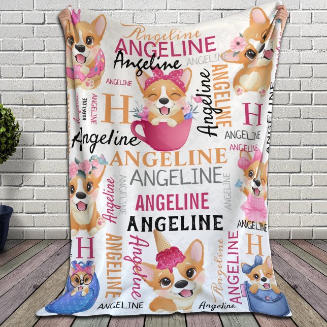 Collage Name with Corgi Dogs and Pattern Name Fleece Blanket (Creator Uploaded)