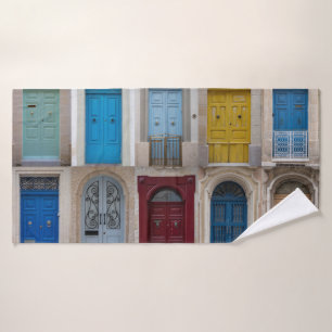 Collage of colorful front doors bath towel