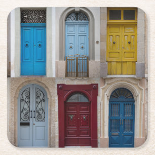 Collage of colorful front doors square paper coaster